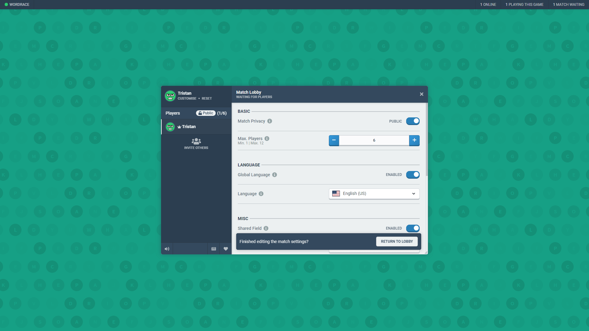 A screenshot of the Wordrace game on Bloob.io, specifically the settings with a list of toggles and dropdowns to customise the experience.