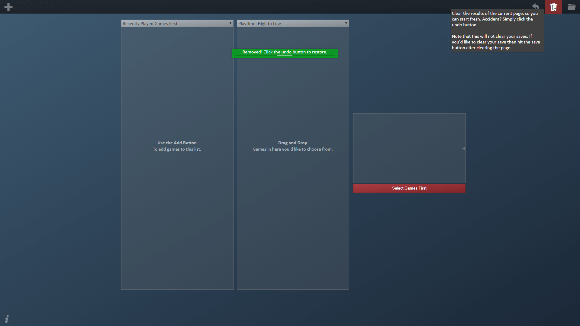 The ability to delete the entire games list is seen, though an undo button has now appeared.