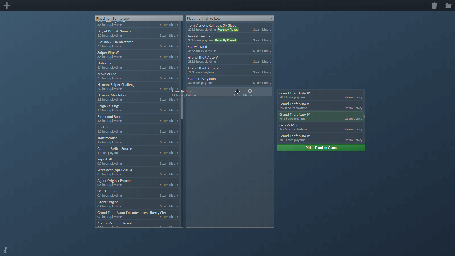 The game picker is seen in action, showing that it suggested the user plays 'Agent Origins: Pursuit' out of the user defined list of options at random.