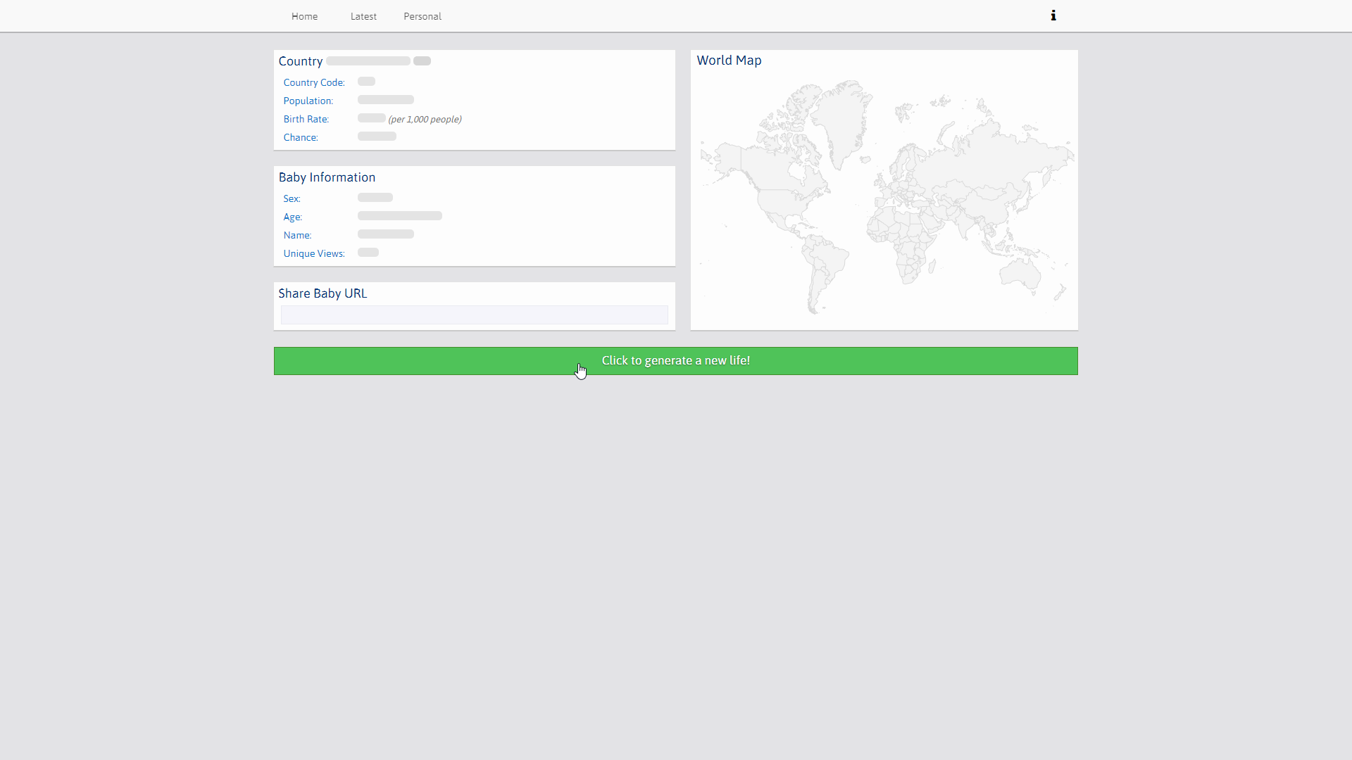 The Get a Life site is seen empty. Giving the user the ability to generate a new life with the click on a button.