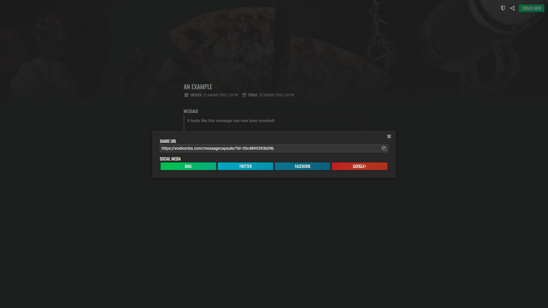 A screenshot with a popup showing the options to copy a link to the page to the clipboard or sharing it through mail, Facebook, Twitter, or Google Plus.