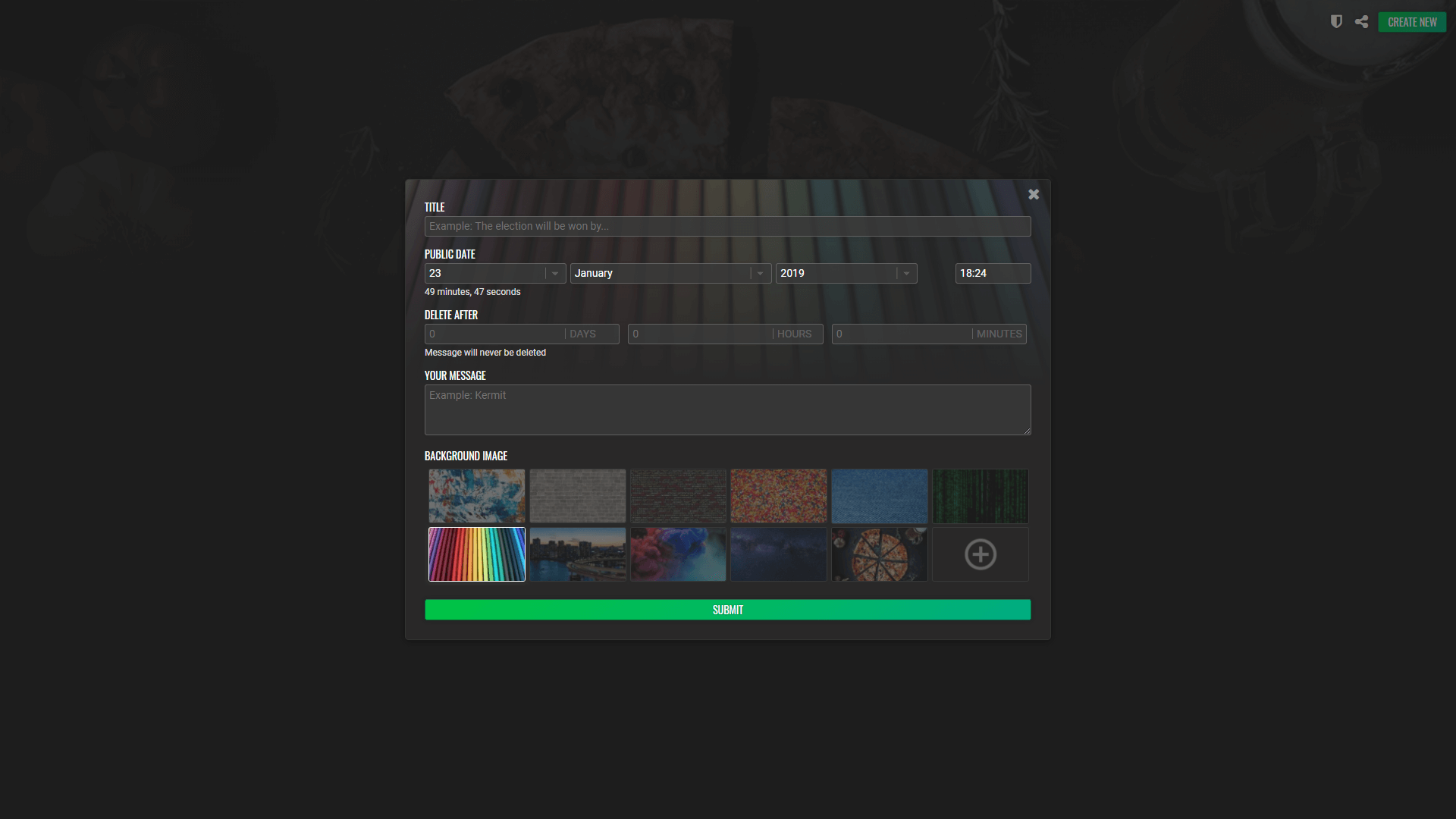 A screenshot of the message capsule creation screen, showing several input fields.
