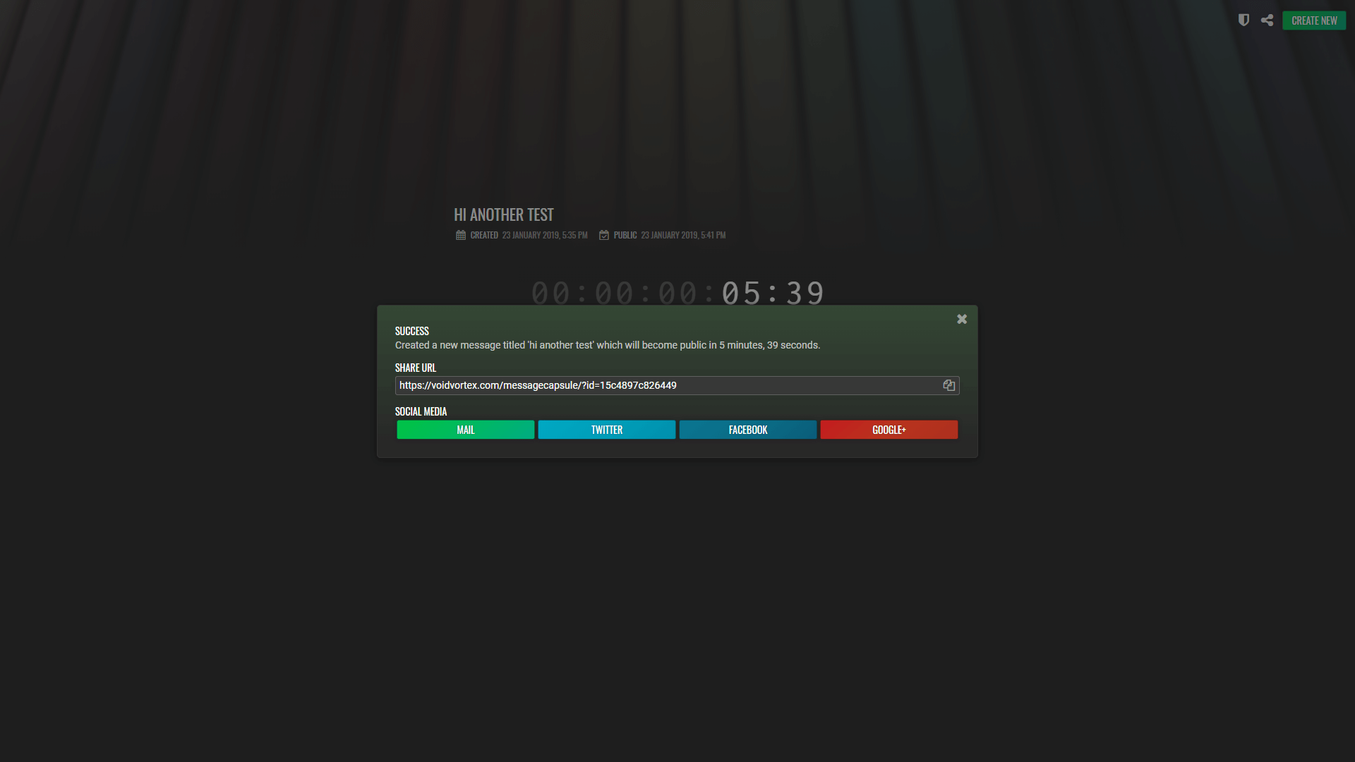 A screenshot showing a popup that appears after a message capsule has been created successfully.