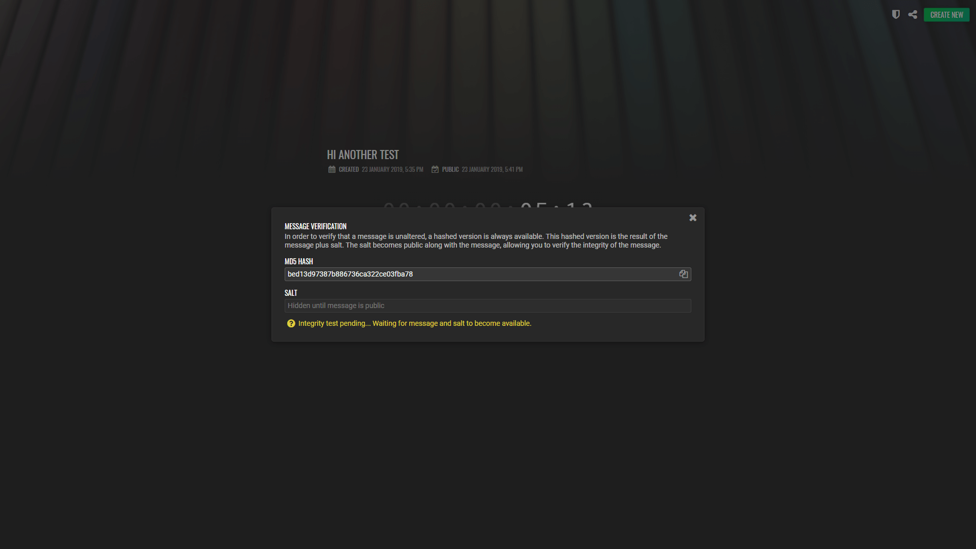 A screenshot is seen showing a popup in the centre of the screen, showing an MD5 hash and a pending integrity test.