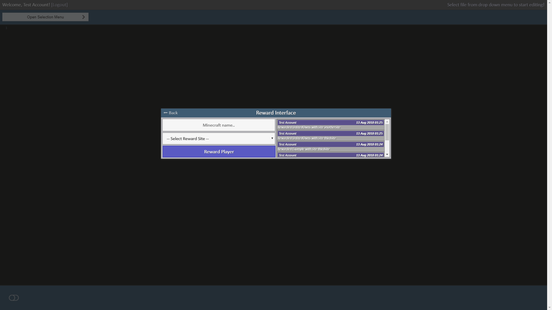 The reward interface is seen showing the user the option to fill in a Minecraft username and reward site.